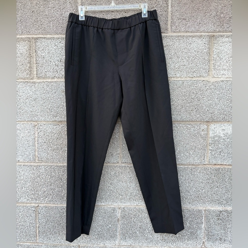 COS Sz 36R Black Wool Blend Wide High Rise Trousers Pull On Elastic Waist Pocket